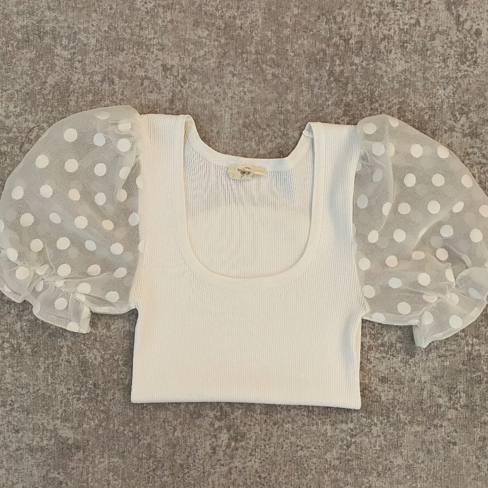 Red Dress Ribbed White Puff Sleeve Top (S)